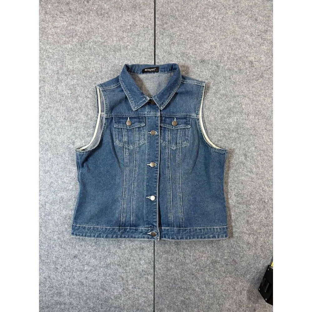 Allegra K Trucker Vest Women's Large Blue Denim Cotton Pockets Button Front